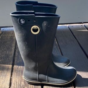 CROCS Black Tall Rain Boots with Cream Trim
